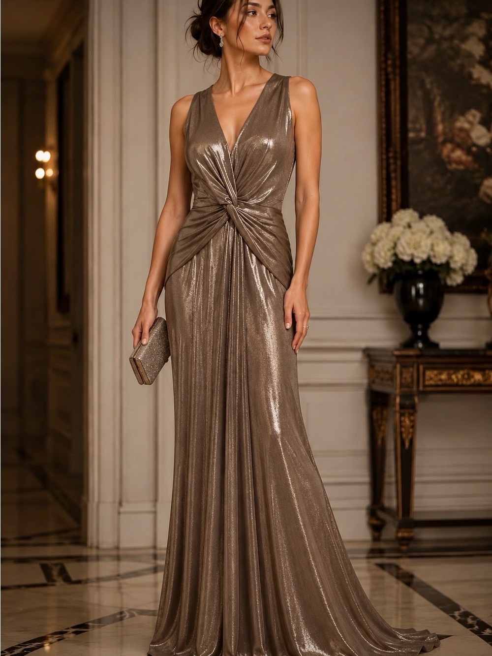 Eliza J Metallic Champagne Ruched Gown Old Hollywood Black Tie Glam Size 12